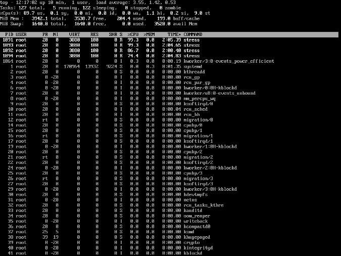 Output of the top command showing high CPU steal time