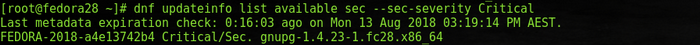 Output of # dnf updateinfo list available sec --sec-severity Critical