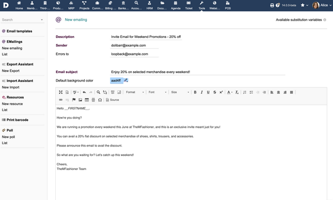 Drafting a marketing email with Dolibarr's WYSIWYG Editor