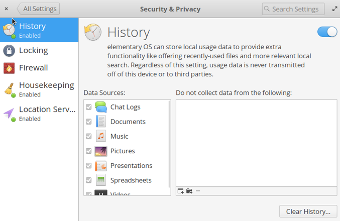 Elementary OS's Privacy and Security screen