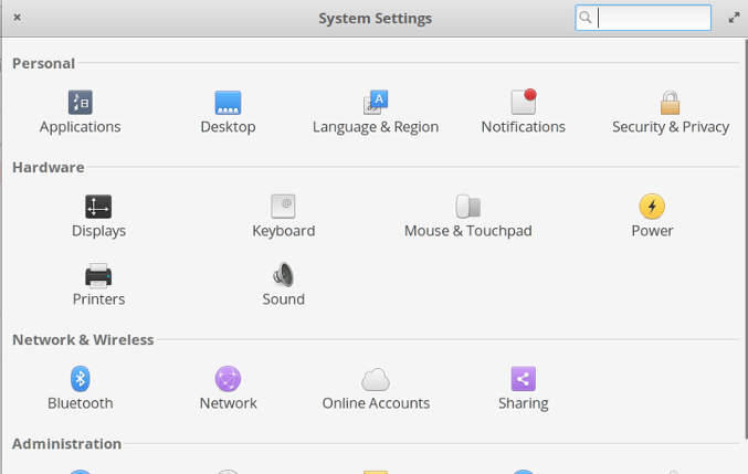 Elementary OS's Settings screen