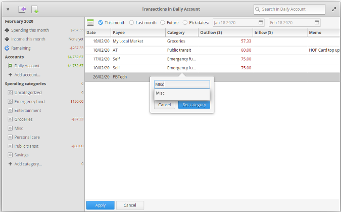 Entering a transaction in Envelope