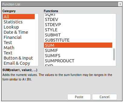 EtherCalc Functions list