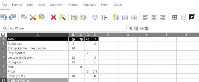 Ethercalc spreadsheet of inventory