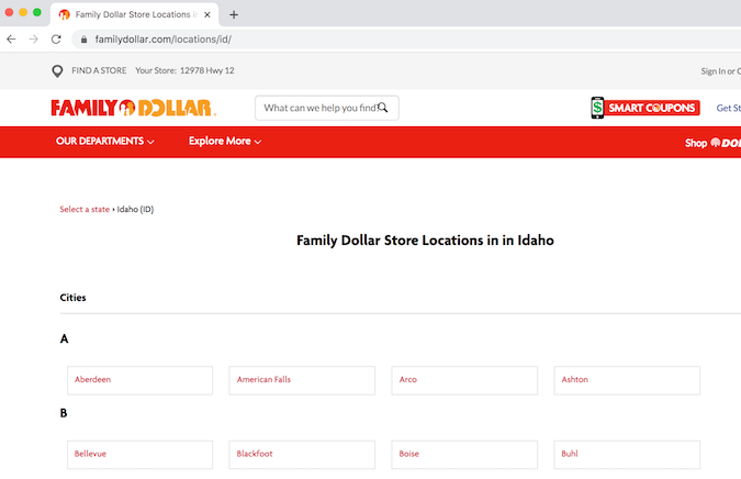 Family Dollar Idaho locations page