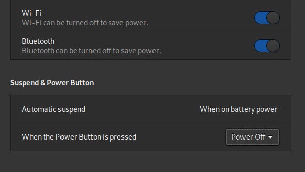 GNOME’s power button settings.