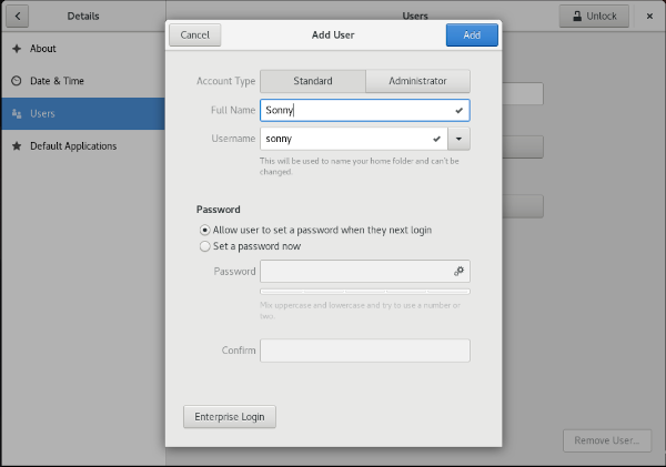 GNOME settings - add user