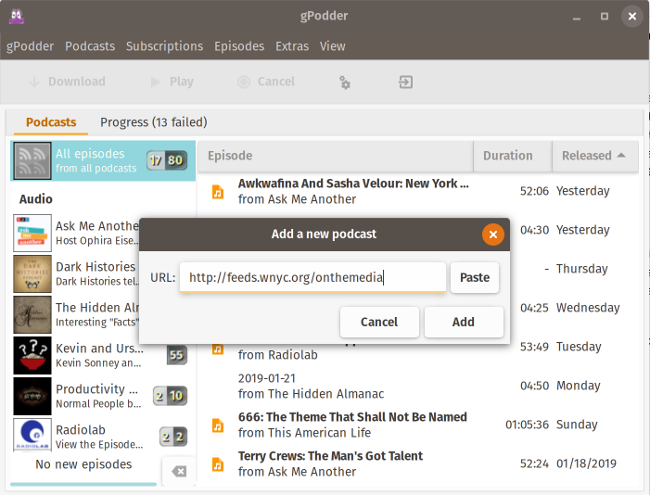 Adding a podcast in gPodder