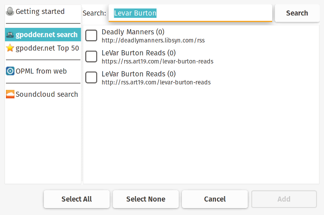 Searching in gPodder for podcasts