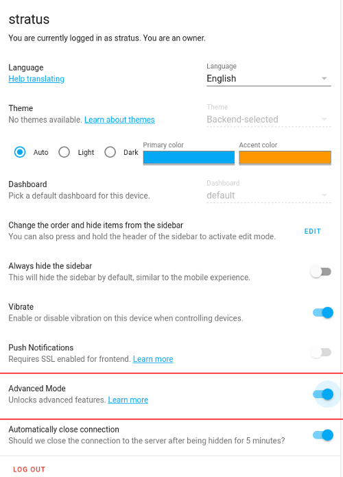 Home Assistant user profile options