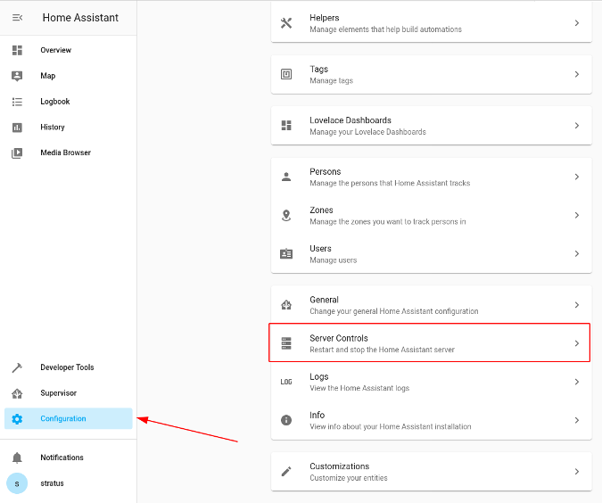 Home Assistant server controls