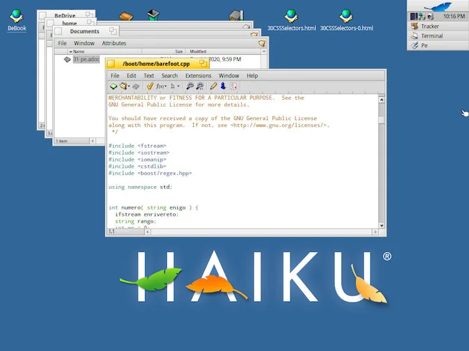 Blue HAIKU desktop with Pe editor buffer, a white box with gray text