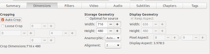 Handbrake Dimensions menu