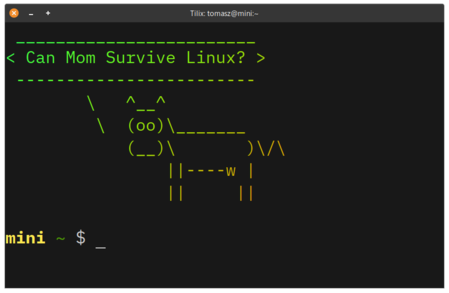 Cowsay "Can Mom Survive Linux?"