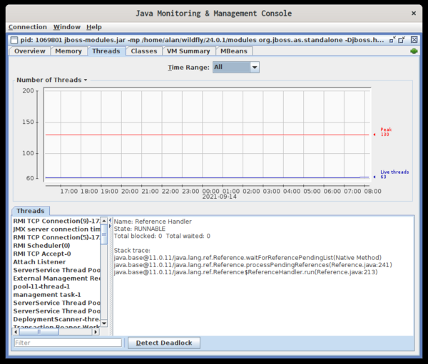 jconsole thread dashboard showing number of threads over time and a scrolling list of threads