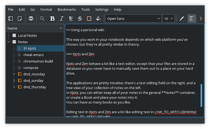 black KJots terminal with white text and separate left-side tree menu