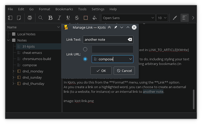 Kjots terminal with pop-up box titled link management