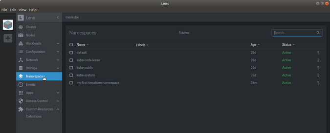 Lens Namespaces menu
