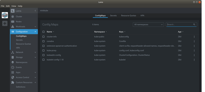 Lens ConfigMaps menu