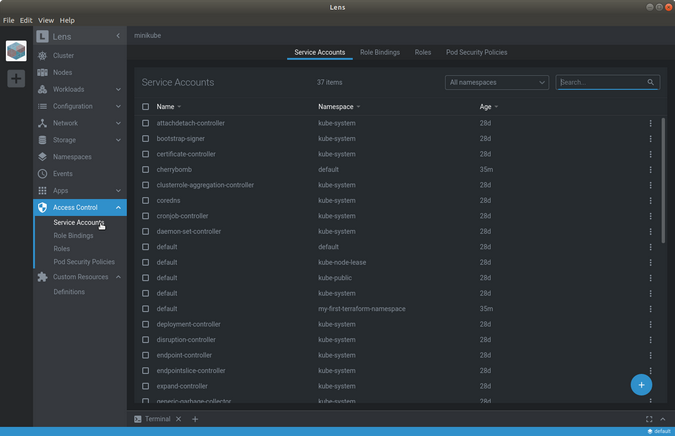 Lens Access Control Service Accounts menu