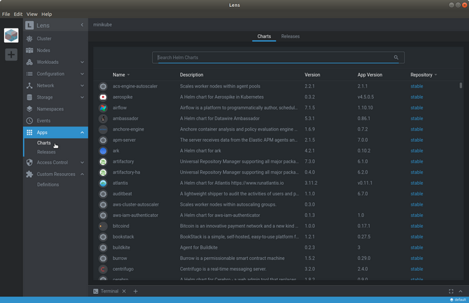 Helm charts in Lens' Apps menu