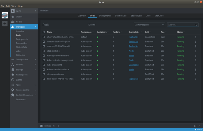 Lens Workloads Pods menu