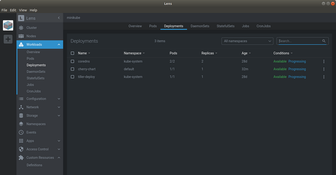 Lens Workloads Deployments menu