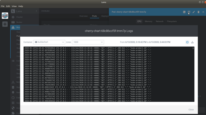 Lens Workloads Pod logs