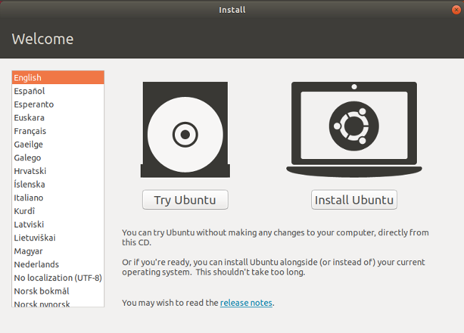 Ubuntu installation welcome screen