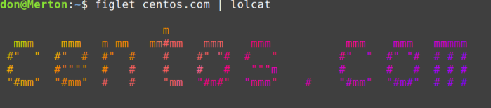 A text banner reading "centoscom" made rainbow colored with lolcat