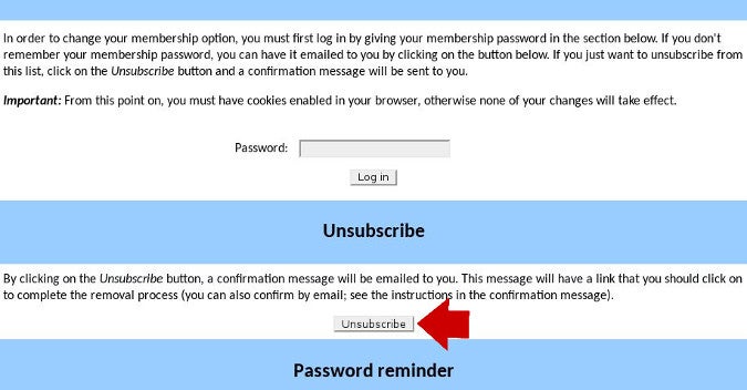 Example unsubscribe web form