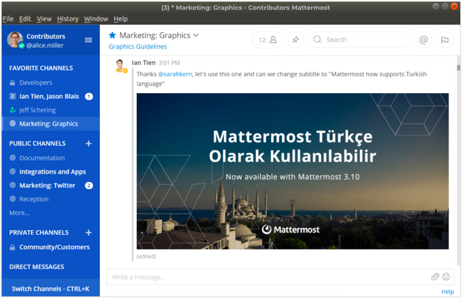 Mattermost user interface on Linux Desktop App