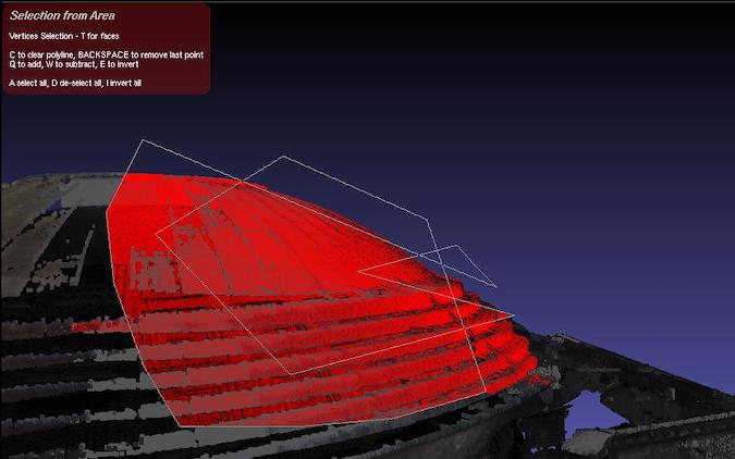 Screenshot of MeshLab in which a section of the 3D image has been selected and highlighted in red, with instructions on which keystrokes to use to manipulate the highlighted area