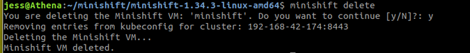 minishift delete command