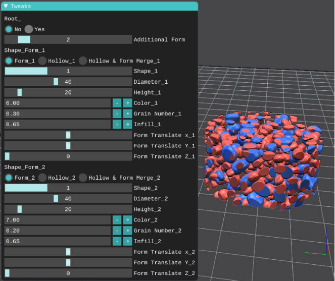 Settings and model of monolith with mix of different grain sizes