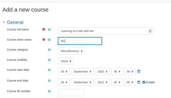 Add course option in Moodle