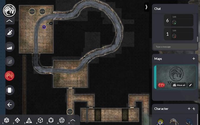 A dungeon map rendered by Mythic Table and user interface choices for chat, maps, and characters