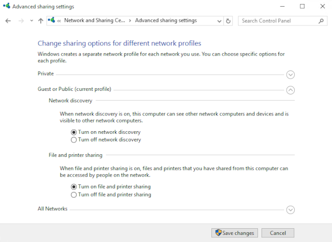 Network sharing settings