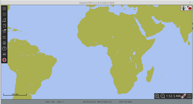 OpenCPN map showing latitude and longitude measurements