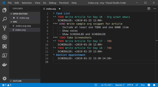 Visual Studio code with VS-Org