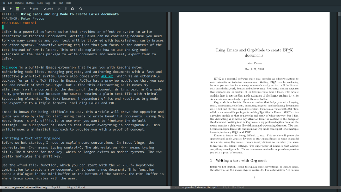 Emacs with Org mode source and PDF preview