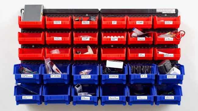 Organized bins of equipment