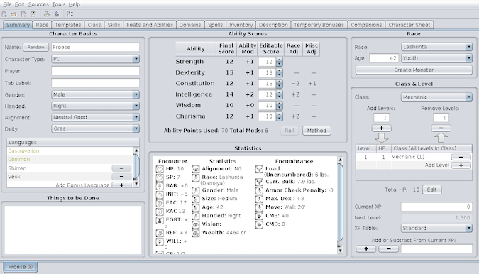 PCGen dashboard showing a character summary