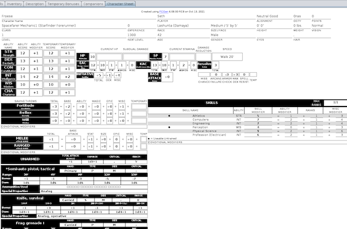 A traditional-looking RPG character sheet rendered by PC Gen