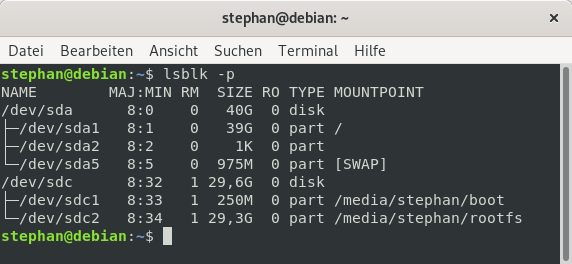 Using lsblk -p to check mounting partitions