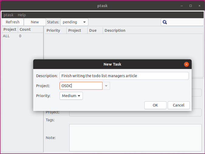 Adding a new task in ptask