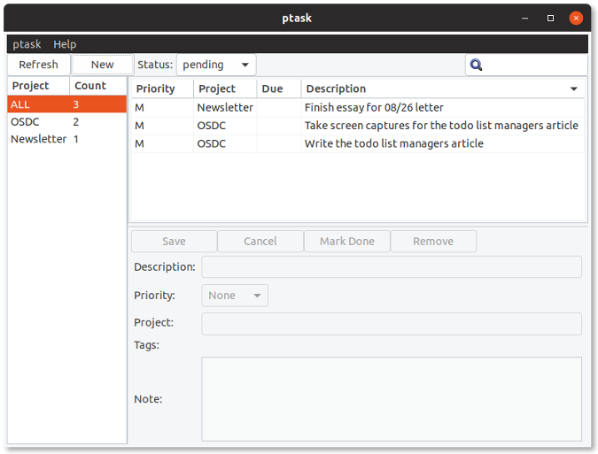 List of tasks in ptask