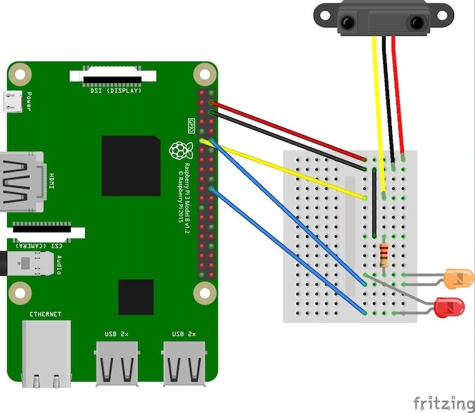 Illustration of connections from breadboard to Raspberry Pi, sensor, and LEDs