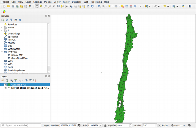 QGIS screen showing watershed layer covering plant data