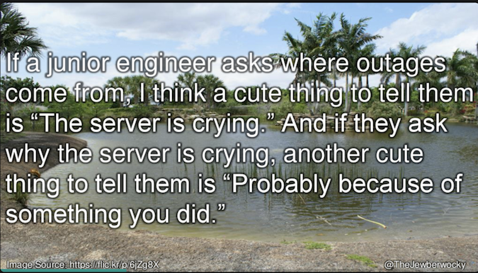 Image of swampy area with overlaid quote reading "If a junior engineer asks where outages come from, I think a cute thing to tell them is 'The server is crying.' And if they ask why the server is crying, another cute thing to tell them is 'probably becaus